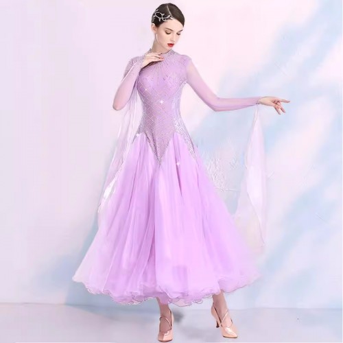 Competition ballroom dance dresses for women girls mint white light purple gemstones bling waltz tango foxtrot smooth dance long gown for female